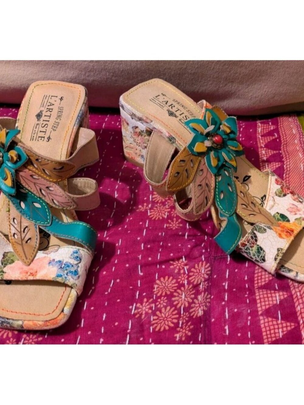 Spring Step L'Artiste Sandals Sz 6.5-7 Multicolor Izetru Slides Leather Floral